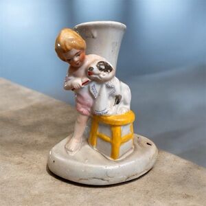 Little girl brushing dogs teeth porcelain figure antique vase sculpture